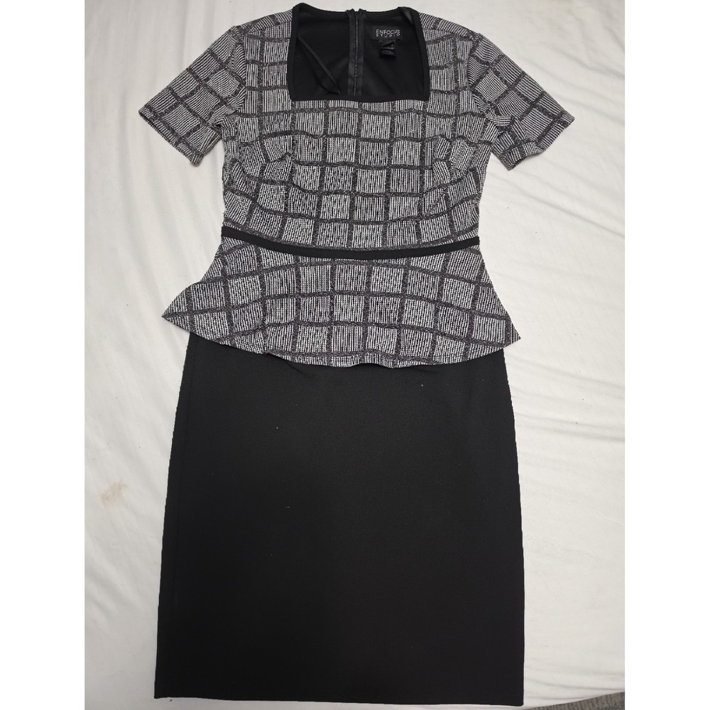 Enfocus Studio Women's Sheath Dress 6 Black/White Check Peplum Square Neck